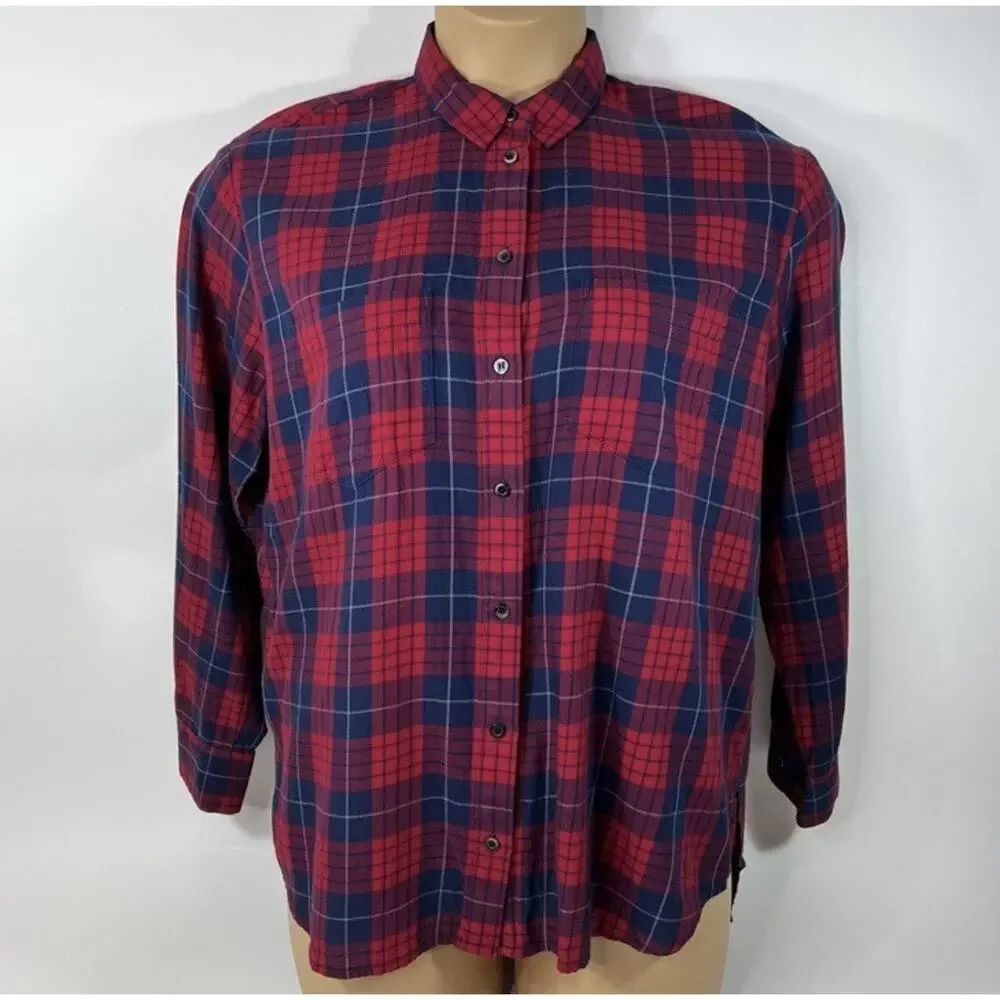 J.Crew Boy Fit Women's Size M Red / Blue Plaid Button-Up 100% Cotton Shirt - Picture 2 of 16